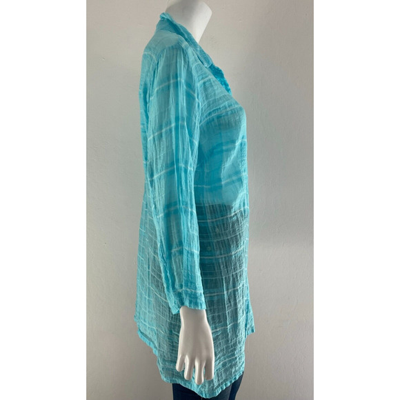 Cut Loose L Button Down Hanky Shirt Gauze Turquoise Long Sleeve Blouse Tunic - Picture 6 of 7